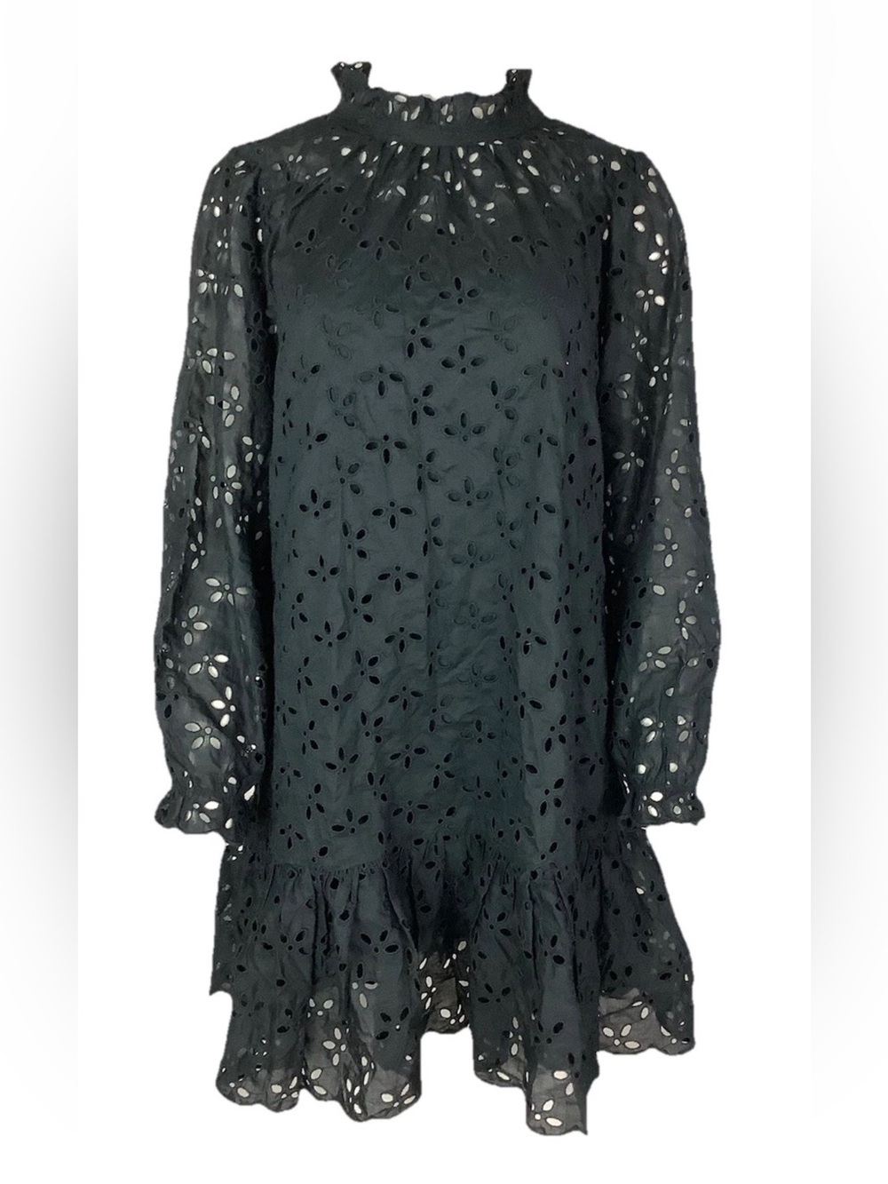 J Crew Sz L 100% Cotton Ruffleneck Mini Eyelet Boho Festival Dress In Black